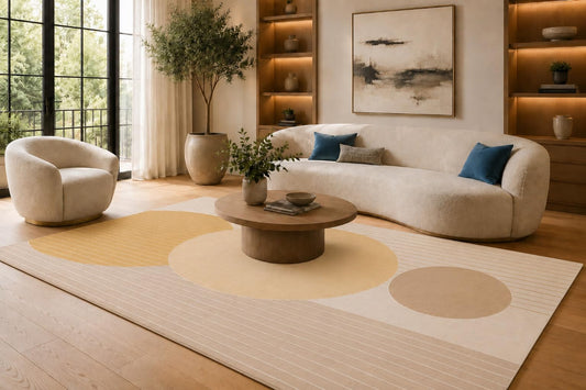 ICE Armor Large 6'7" x 9'10" Cream and Yellow Minimal Stripe Circle Area Rug for Living Room, Soft Low Pile Carpet with Non-Slip Silicone Backing, Floor Decor for Bedroom, Dining Area and Home Office