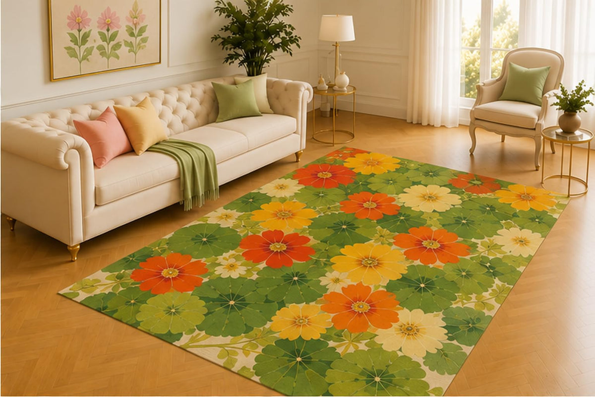 ICE ARMOR 5' x 7' Orange Cosmos Rug, Tangerine, Amber and Vanilla Flowers Scattered Among Broad Emerald Leaves, Warm Furnishing for Breakfast Area, Kitchen or Foyer