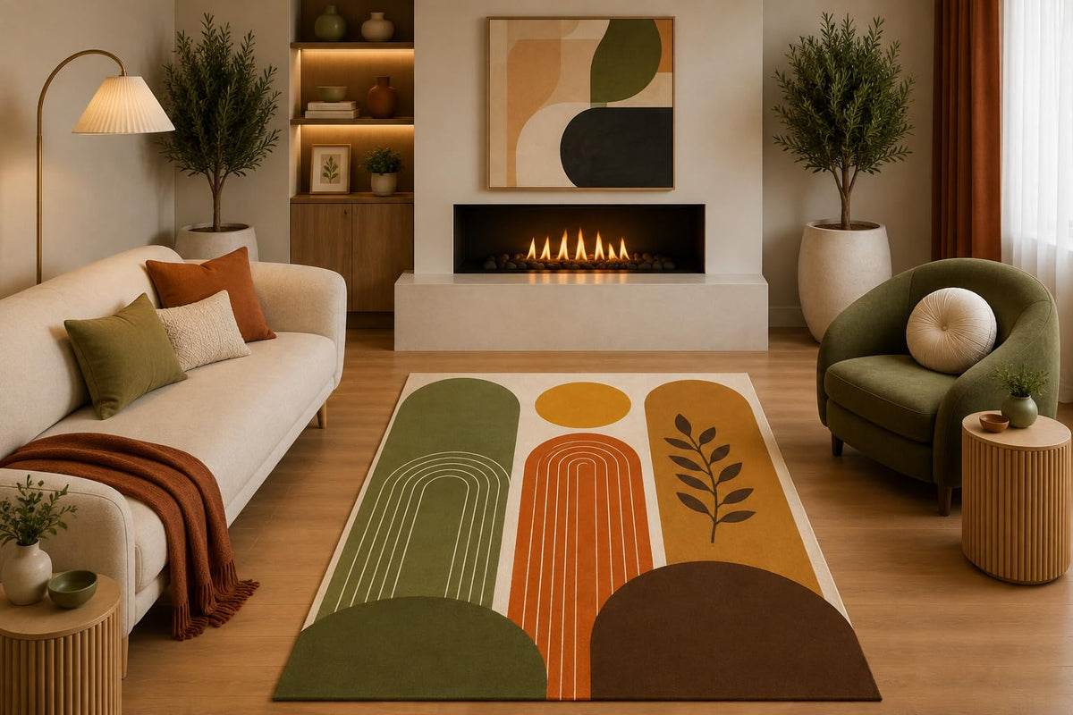 ICE ARMOR 5' x 7' Mid Century Modern Area Rug Olive Green Rust Mustard Botanical Rainbow Arch Design for Living Room Bedroom Office Non-Slip Silicone Backing Low Pile