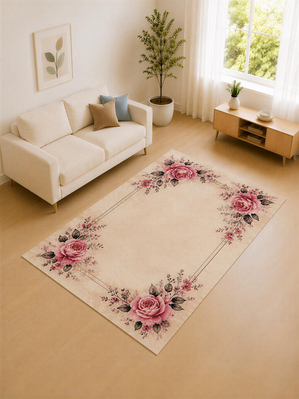 ICE ARMOR "Ultra Lightweight 5' x 7' Pink and Cream Rose Border Area Rug for Living Room, Bedroom and Home Office, Soft Low Pile Carpet with Non-Slip Silicone Backing