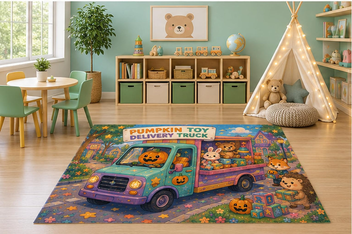 ICE ARMOR 5' x 7' Pumpkin Delivery Truck Kids Area Rug, Cute Halloween Animal Delivery Van Cartoon Playroom Nursery Bedroom Decor, Non-Slip Silicone Backing Low Pile