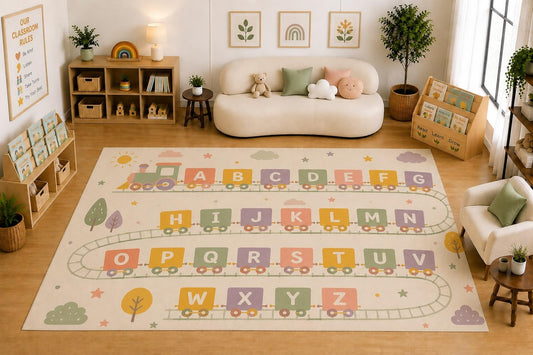 ICE ARMOR Large 6'7" x 9'10" Alphabet Train Learning Area Rug for Kids Room, Classroom, Bedroom, Playroom Decor, Soft Low Pile Indoor Rug with Non-Slip Silicone Backing, Cream Multicolor