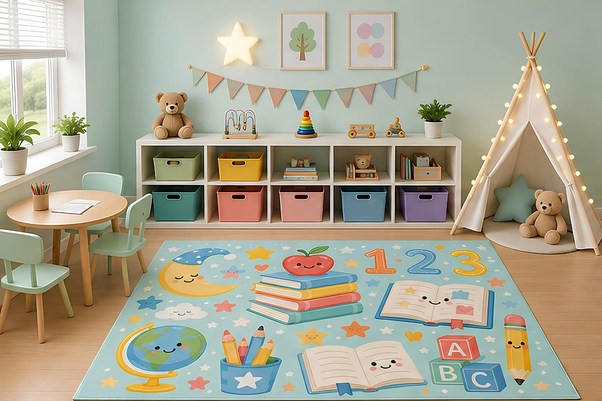 ICE ARMOR 5' x 7' Preschool Learning Area Rug for Kids Playroom Nursery Bedroom, Books Globe ABC Blocks Numbers Pencil Educational Cartoon Decor, Non-Slip Silicone Backing Low Pile