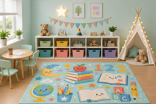 ICE ARMOR 5' x 7' Preschool Learning Area Rug for Kids Playroom Nursery Bedroom, Books Globe ABC Blocks Numbers Pencil Educational Cartoon Decor, Non-Slip Silicone Backing Low Pile