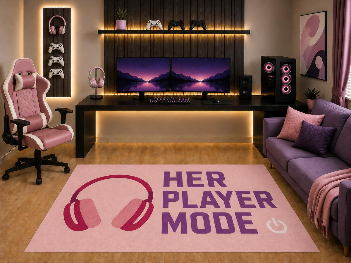ICE ARMOR "Ultra Light Weight 5' x 7' Her Player Mode Gaming Area Rug Pink Headphones Graphic for Girls Teen Bedroom Gaming Room Playroom Non-Slip Silicone Backing Low Pile