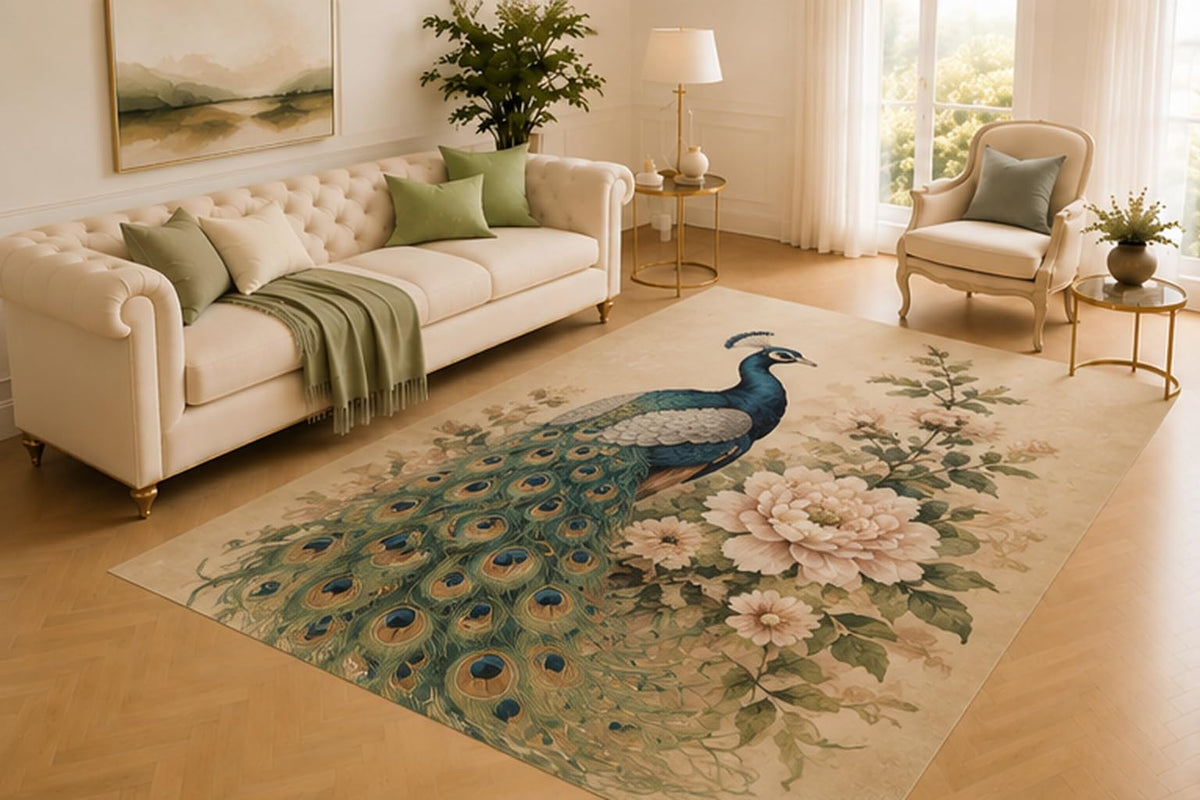 ICE ARMOR 5' x 7' Peacock Rug, Elegant Bird with Flowing Tail Feathers and Blooming Garden Flowers, Soft Floor Cover for Living Room, Bedroom, Office and Nature Decor