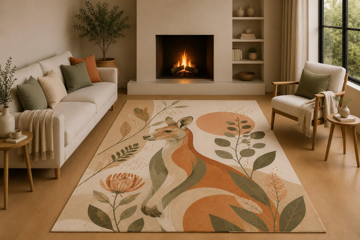 ICE ARMOR 5' x 7' Kangaroo Area Rug, Modern Boho Australian Wildlife Botanical Animal Carpet for Living Room Bedroom Guest Room Home Office Rustic Decor, Non-Slip Silicone Backing Low Pile