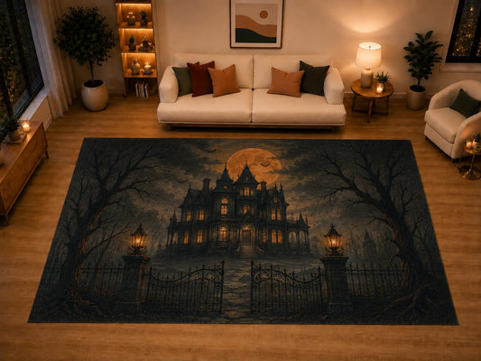 ICE ARMOR "Ultra Light Weight Large 6'7" x 9'10" Haunted Mansion Orange Moon Area Rug for Living Room Bedroom, Soft Low Pile Non-Slip Backing, Black Brown Gothic Halloween Decor