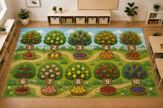 ICE ARMOR Large 6'7" x 9'10" Fruit Tree Counting Area Rug, Soft Low Pile Indoor Rug with Non-Slip Silicone Backing for Kids Room Playroom, Green