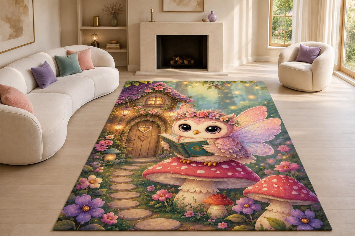 ICE ARMOR "Ultra Lightweight Large 6'7" x 9'10" Reading Fairy Owl Area Rug for Living Room, Bedroom and Home Office, Soft Low Pile Carpet with Non-Slip Silicone Backing, Pink and Purple