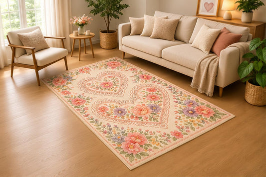 ICE ARMOR 5' x 7' Lace Heart Floral Area Rug, Soft Low Pile Indoor Rug with Non-Slip Silicone Backing for Living Room, Bedroom, Family Room, Romantic Cottage Decor, Pink Cream Purple