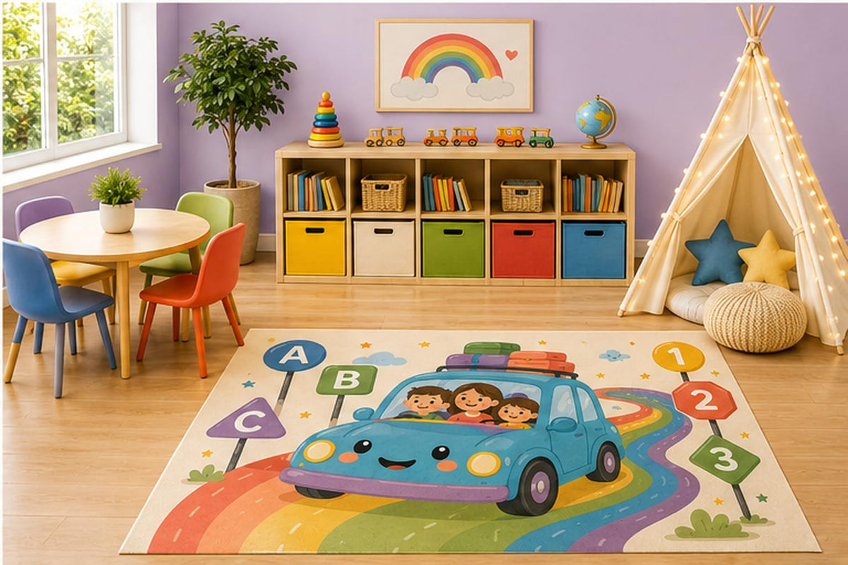 ICE ARMOR 5' x 7' Family Road Trip Area Rug, Educational ABC and Numbers Learning Play Mat with Cute Car and Rainbow Road for Kids Bedroom Playroom, Non-Slip Silicone Backing Low Pile