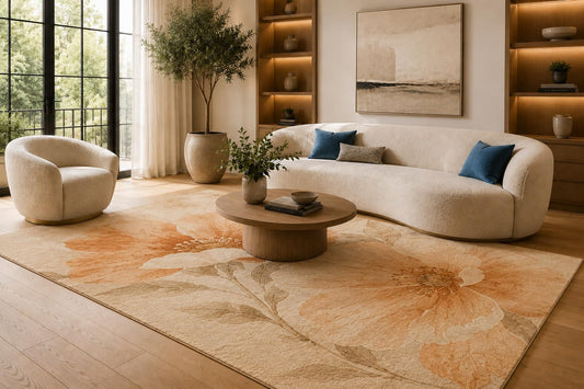 ICE ARMOR 6'7" x 9'10" Orange and Cream Large Garden Flowers Area Rug for Living Room, Soft Low Pile Carpet with Non-Slip Silicone Backing, Floor Decor for Bedroom, Dining Area and Home Office