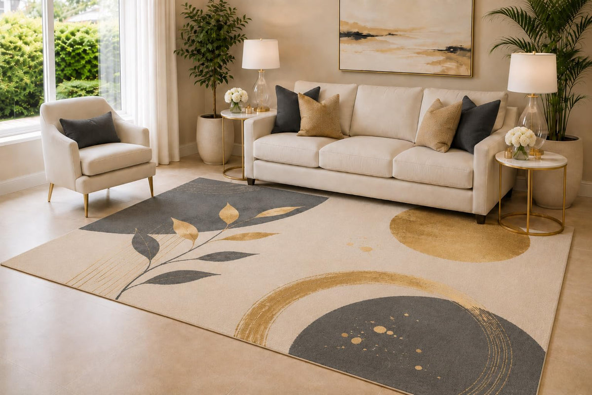ICE ARMOR 6'7" x 9'10" Charcoal, Cream and Beige Botanical Circle Area Rug for Living Room, Soft Low Pile Carpet with Non-Slip Backing for Bedroom, Dining Room and Home Office