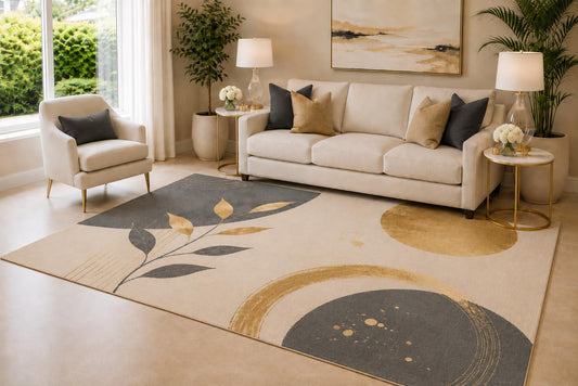 ICE ARMOR 6'7" x 9'10" Charcoal, Cream and Beige Botanical Circle Area Rug for Living Room, Soft Low Pile Carpet with Non-Slip Backing for Bedroom, Dining Room and Home Office