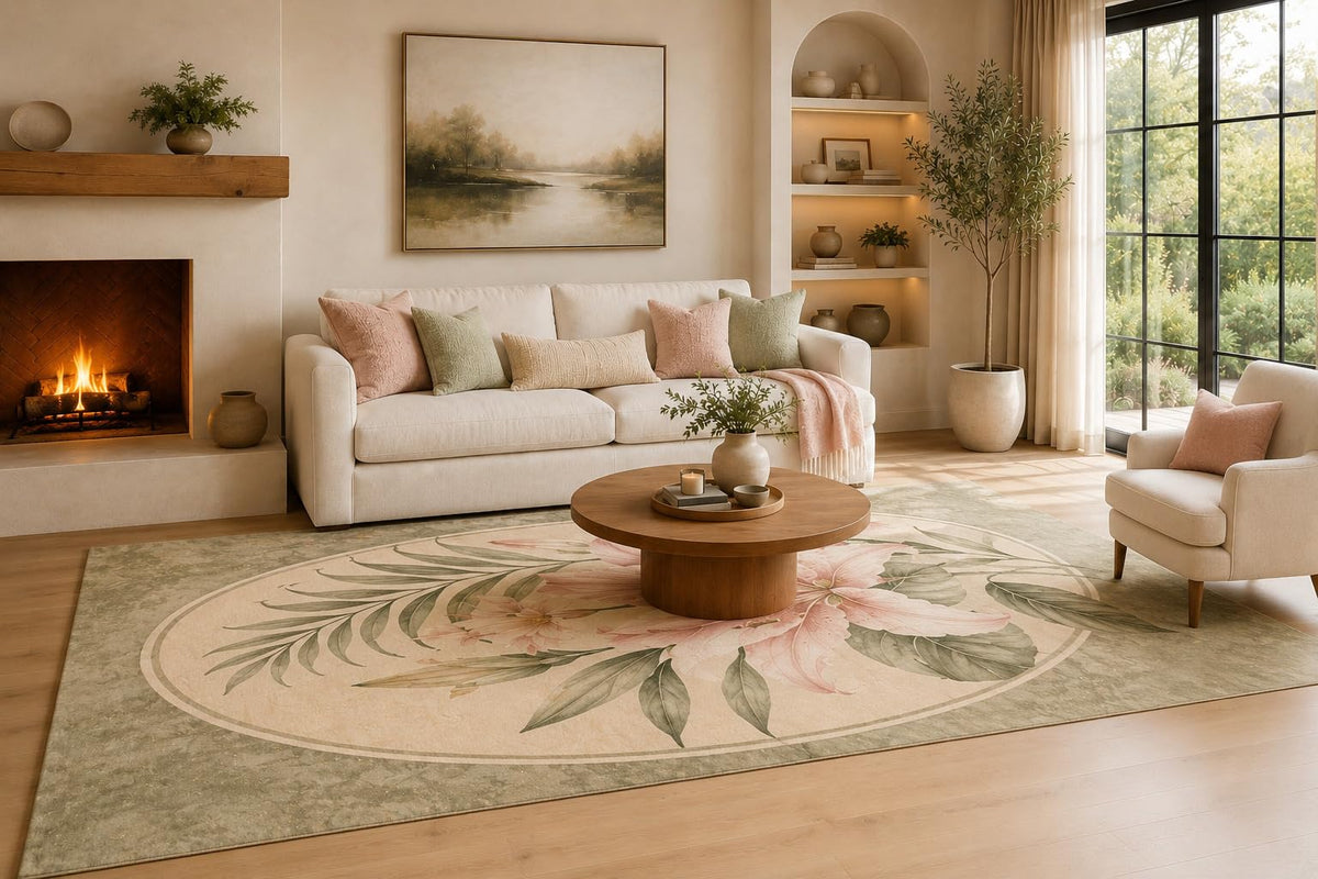 ICE ARMOR Large 6'7" x 9'10" Sage Green and Blush Pink Tropical Floral Medallion Area Rug for Living Room, Soft Low Pile Carpet with Non-Slip Silicone Backing, Decor for Bedroom and Home Office