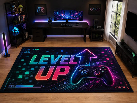 ICE ARMOR "Ultra Light Weight Large 6'7" x 9'10" Level Up Gaming Controller Area Rug for Kids Room, Soft Low Pile Indoor Rug and Non-Slip Silicone Backing, Black