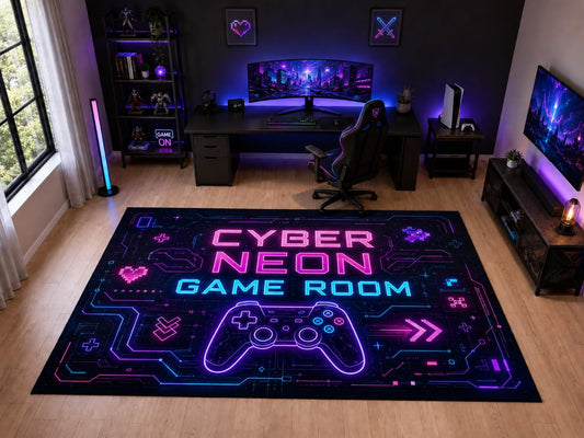 ICE ARMOR "Ultra Light Weight Large 6'7" x 9'10" Cyber Neon Game Room Area Rug for Kids Room Playroom, Soft Low Pile Indoor Rug and Non-Slip Silicone Backing, Black