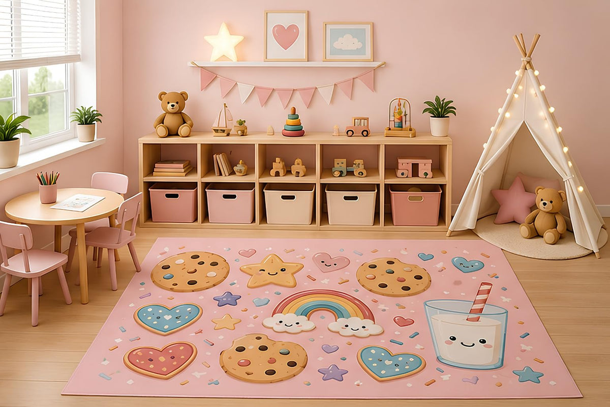 ICE ARMOR 5' x 7' Cute Cookies and Milk Area Rug for Kids Playroom Nursery Bedroom, Kawaii Chocolate Cookies Hearts Rainbow Pastel Cartoon Decor, Non-Slip Silicone Backing Low Pile