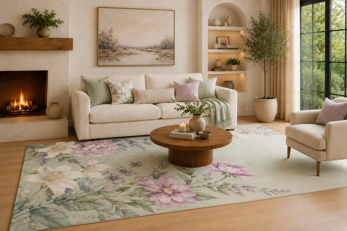 ICE ARMOR Large 6'7" x 9'10" Sage Green and Lavender Lily Blossom Meadow Area Rug for Living Room, Soft Low Pile Carpet with Non-Slip Silicone Backing, Decor for Bedroom and Home Office