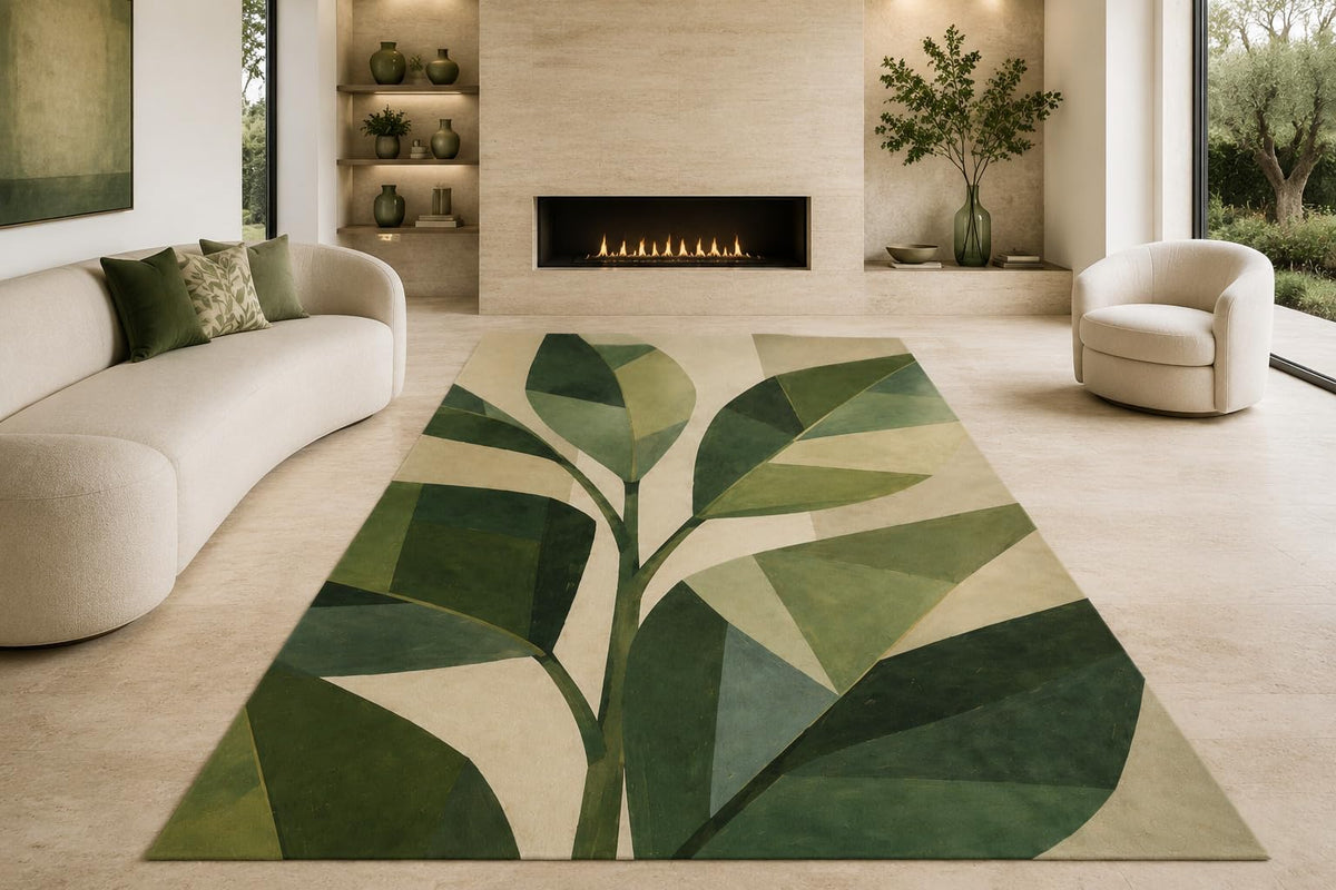 ICE ARMOR "Ultra Lightweight Large 6'7" x 9'10" Green Leaf Shapes Area Rug for Living Room, Bedroom and Home Office, Soft Low Pile Carpet with Non-Slip Silicone Backing, Green and Beige