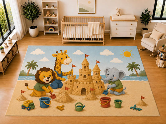 ICE ARMOR "Ultra Light Weight Large 6'7 x 9'10 Beach Sandcastle Safari Animals Area Rug for Kids Room Nursery Playroom Soft Low Pile Indoor Carpet Summer Floor Decor
