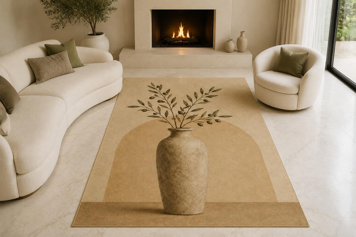 ICE ARMOR "Ultra Lightweight Large 6'7" x 9'10" Botanical Vase Area Rug for Living Room, Bedroom and Home Office, Soft Low Pile Carpet with Non-Slip Silicone Backing, Beige and Brown
