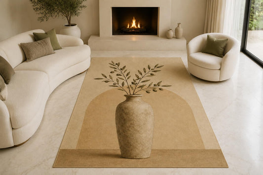 ICE ARMOR "Ultra Lightweight Large 6'7" x 9'10" Botanical Vase Area Rug for Living Room, Bedroom and Home Office, Soft Low Pile Carpet with Non-Slip Silicone Backing, Beige and Brown