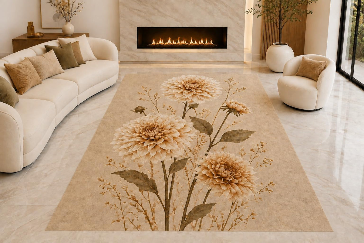 ICE ARMOR "Ultra Lightweight Large 6'7" x 9'10" Chrysanthemum Stems Area Rug for Living Room, Bedroom and Home Office, Soft Low Pile Carpet with Non-Slip Silicone Backing, Beige and Brown