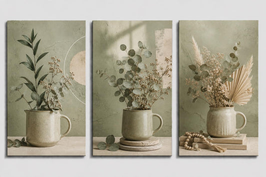 ICE ARMOR Large Set of 3 Sage Green Botanical Coffee Wall Art, Rustic Farmhouse Eucalyptus Mug Canvas Prints for Kitchen Dining Room Decor 16x24 Inch Frameless Canvas Print - Ready to hang