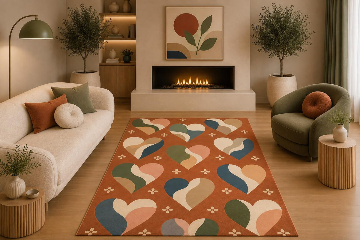 ICE ARMOR 5' x 7' Retro Heart Pattern Area Rug Mid Century Modern Abstract Hearts Rust Green Blue Cream for Living Room Bedroom Nursery Non-Slip Silicone Backing Low Pile