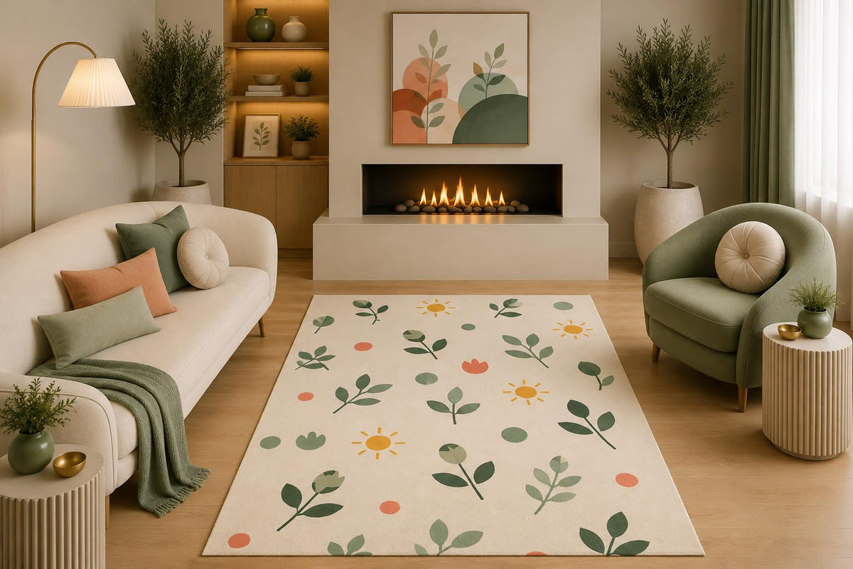ICE ARMOR 5' x 7' Modern Botanical Area Rug Green Orange Leaf and Sun Pattern for Living Room Bedroom Dining Room Nursery Non-Slip Silicone Backing Low Pile