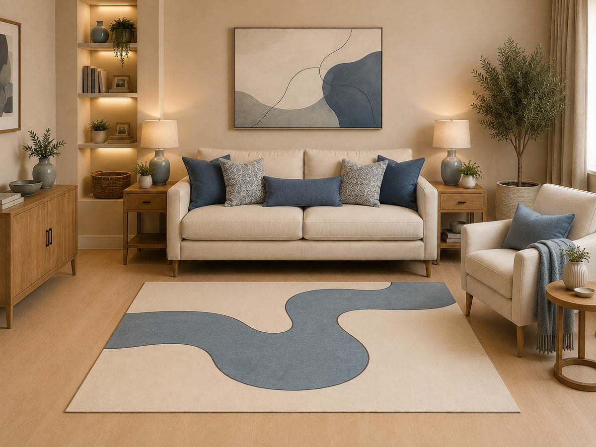 ICE ARMOR "Ultra Light Weight 5' x 7' Modern Abstract Organic Area Rug Dusty Blue Cream Minimalist Curved Pattern for Living Room Bedroom Dining Room Non-Slip Silicone Backing Low Pile