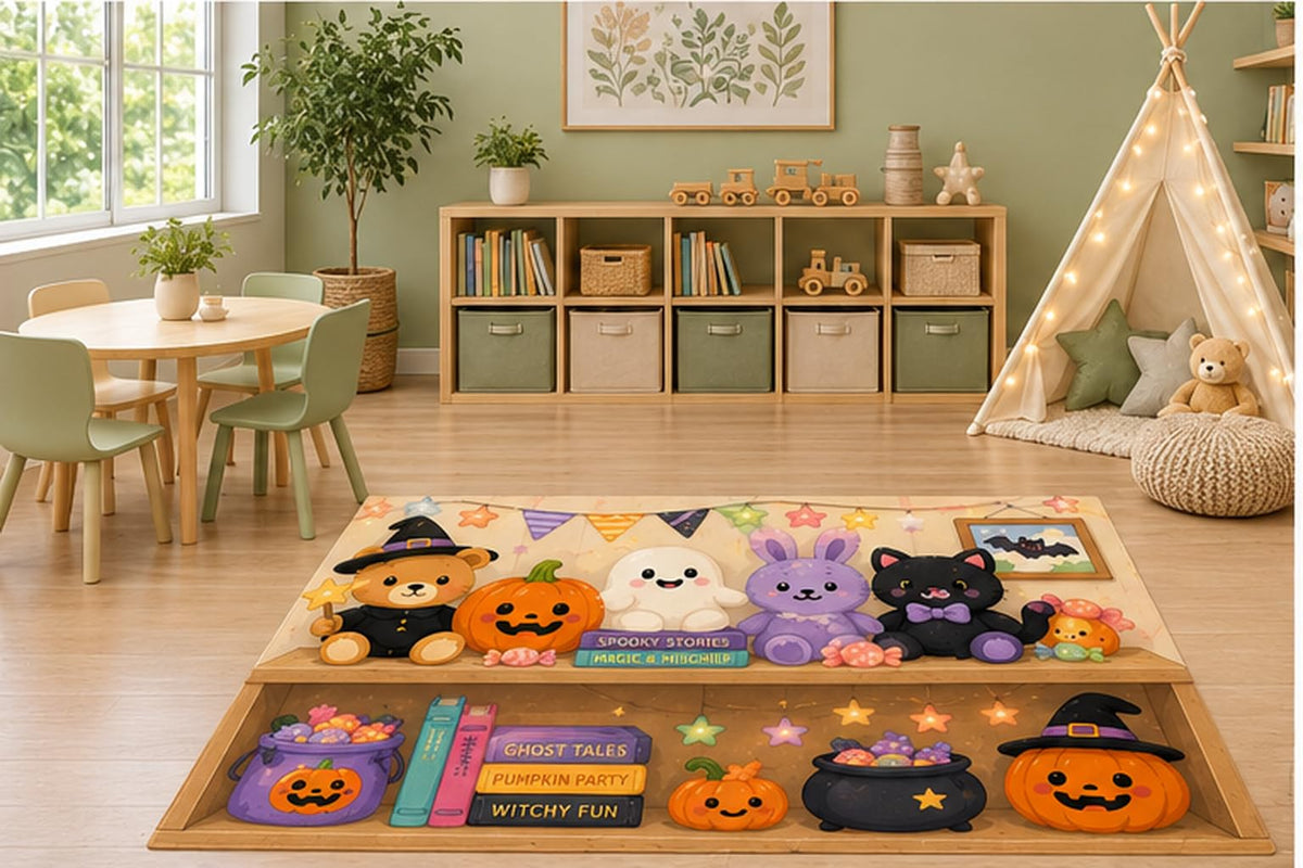 ICE ARMOR 5' x 7' Cute Halloween Bookshelf Kids Area Rug, Kawaii Ghost Pumpkin Teddy Bunny Black Cat Playroom Nursery Bedroom Decor, Non-Slip Silicone Backing Low Pile