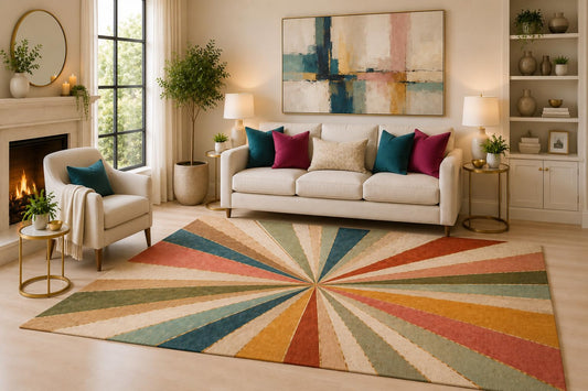 ICE ARMOR 6'7" x 9'10" Retro Sunburst Rays Area Rug for Living Room, Soft Low Pile Indoor Rug with Non-Slip Silicone Backing, Decorative Carpet for Bedroom, Dining Room and Office, Multicolored
