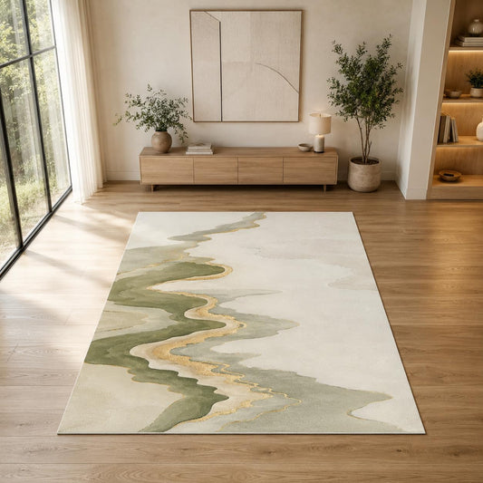 ICE ARMOR 5' x 7' Watercolor River Abstract Area Rug for Living Room, Soft Low Pile Indoor Rug with Non-Slip Silicone Backing, Decorative Carpet for Bedroom, Office, Family Room, Sage Green