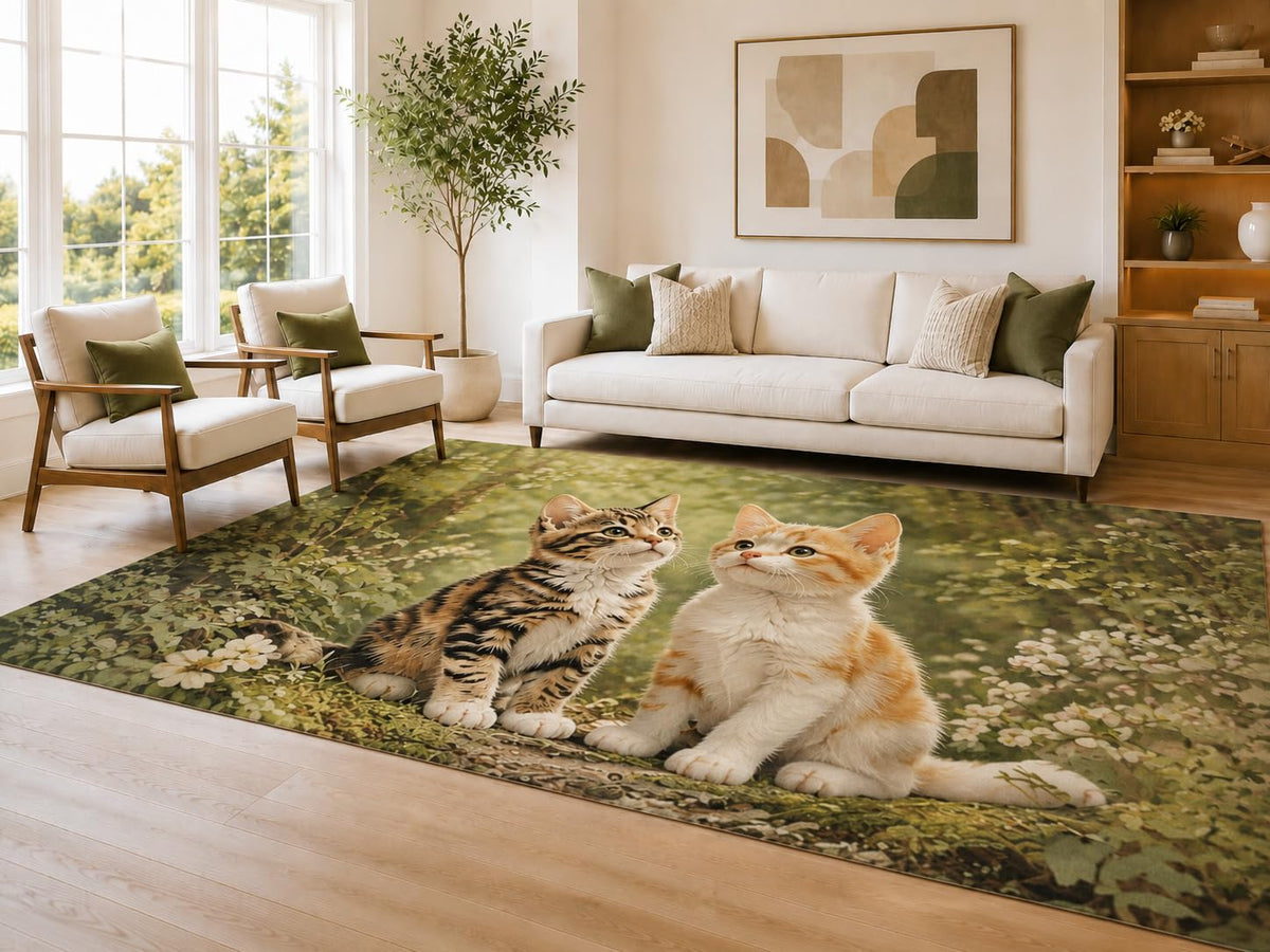 ICE ARMOR Large 6'7" x 9'10" Sage and Cream Sweet Kittens Area Rug for Living Room, Soft Low Pile Carpet with Non-Slip Silicone Backing, Decor for Bedroom Dining Room and Home Office