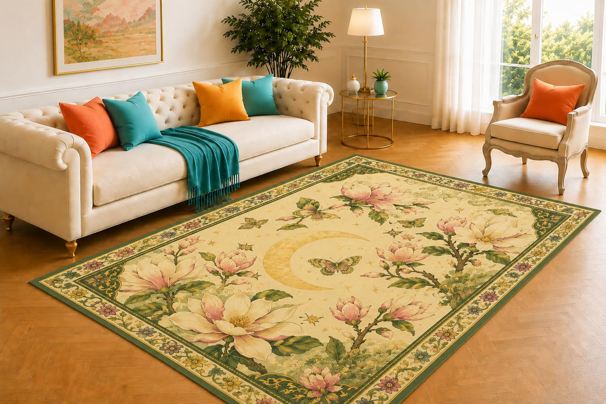 ICE ARMOR 5' x 7' Magnolia Moon Butterfly Area Rug, Soft Low Pile Indoor Rug with Non-Slip Silicone Backing for Living Room, Bedroom, Dining Room & Office, Soft Blue