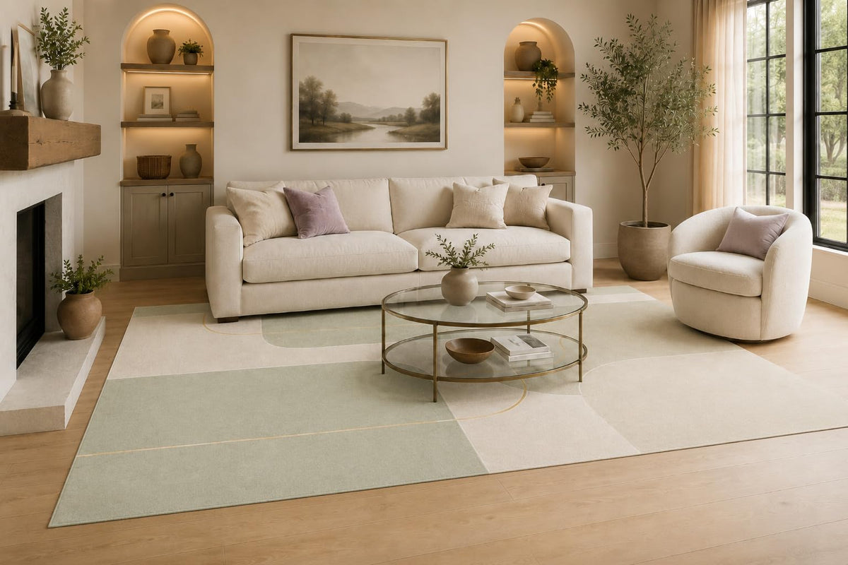 ICE ARMOR Large 6'7" x 9'10" Cream and Sage Green Geometric Panels Area Rug for Living Room, Soft Low Pile Carpet with Non-Slip Silicone Backing, Decor for Bedroom and Home Office