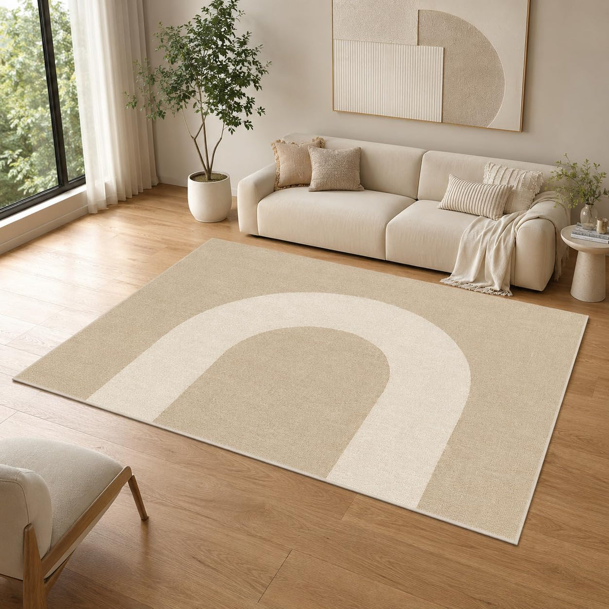 ICE ARMOR 5' x 7' Modern Arch Geometric Area Rug for Living Room, Soft Low Pile Indoor Rug with Non-Slip Silicone Backing, Decorative Carpet for Bedroom, Office, Family Room, Beige