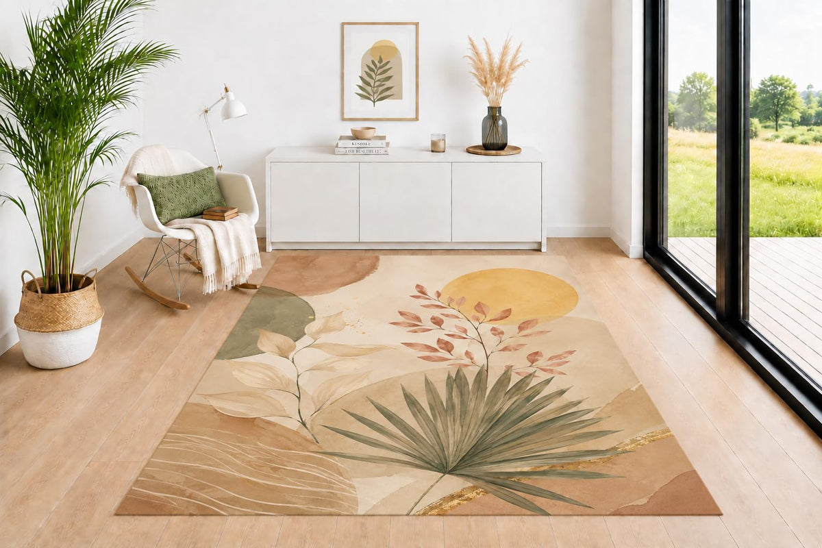 ICE ARMOR 5' x 7' Modern Area Rug, Soft Organic Shapes with Leaf Branch Design in Sage Green Mustard Terracotta Beige, Neutral Floor Carpet for Living Room Bedroom Office Decor