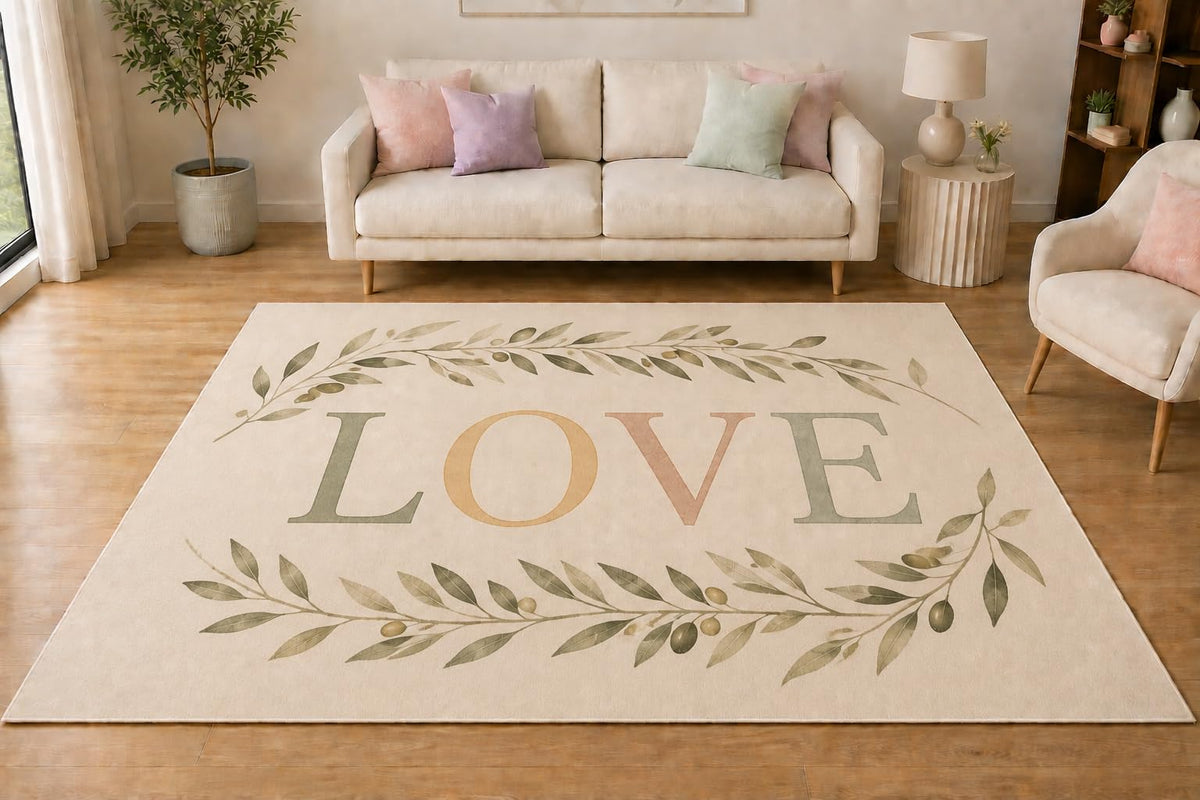ICE ARMOR 5' x 7' Olive Branch Love Area Rug, Soft Low Pile Indoor Rug with Non-Slip Silicone Backing for Living Room, Bedroom, Dining Room, Office, Family Room, Cream Olive Green