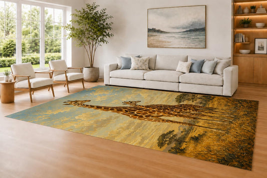 ICE ARMOR Large 6'7" x 9'10" Blue and Golden Color Safari Giraffes Area Rug for Living Room, Soft Low Pile Carpet with Non-Slip Silicone Backing, Decor for Bedroom and Home Office