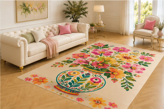 ICE ARMOR 5' x 7' Folk Floral Vase Rug, Pink, Orange and Yellow Blossoms in a Hand Painted Pot, Charming Cottage Accent for Living Room, Bedroom, Nursery or Hallway