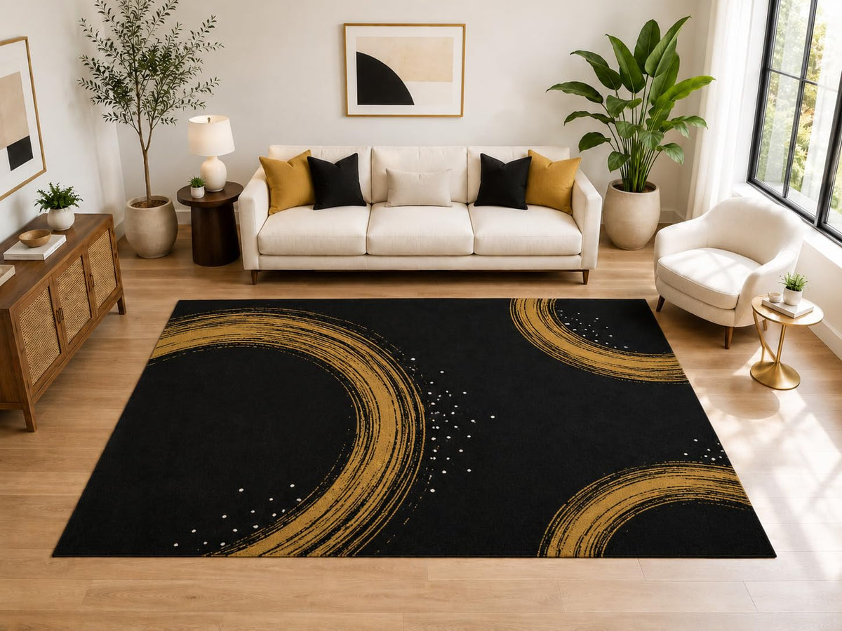 ICE ARMOR Large 6'7" x 9'10" Abstract Golden Circle Brush Area Rug for for Bedroom, Living Room, Soft Low Pile Indoor Rug with Non-Slip Silicone Backing, Black Golden