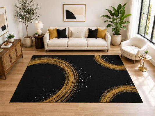ICE ARMOR Large 6'7" x 9'10" Abstract Golden Circle Brush Area Rug for for Bedroom, Living Room, Soft Low Pile Indoor Rug with Non-Slip Silicone Backing, Black Golden