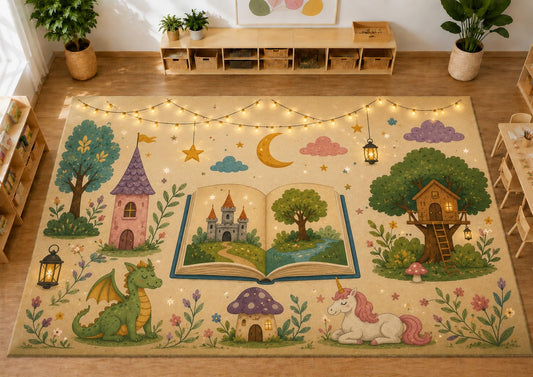 ICE ARMOR Large 6'7" x 9'10" Fairy Tale Storybook Area Rug, Soft Low Pile Indoor Rug with Non-Slip Silicone Backing for Kids Room and Playroom, Beige