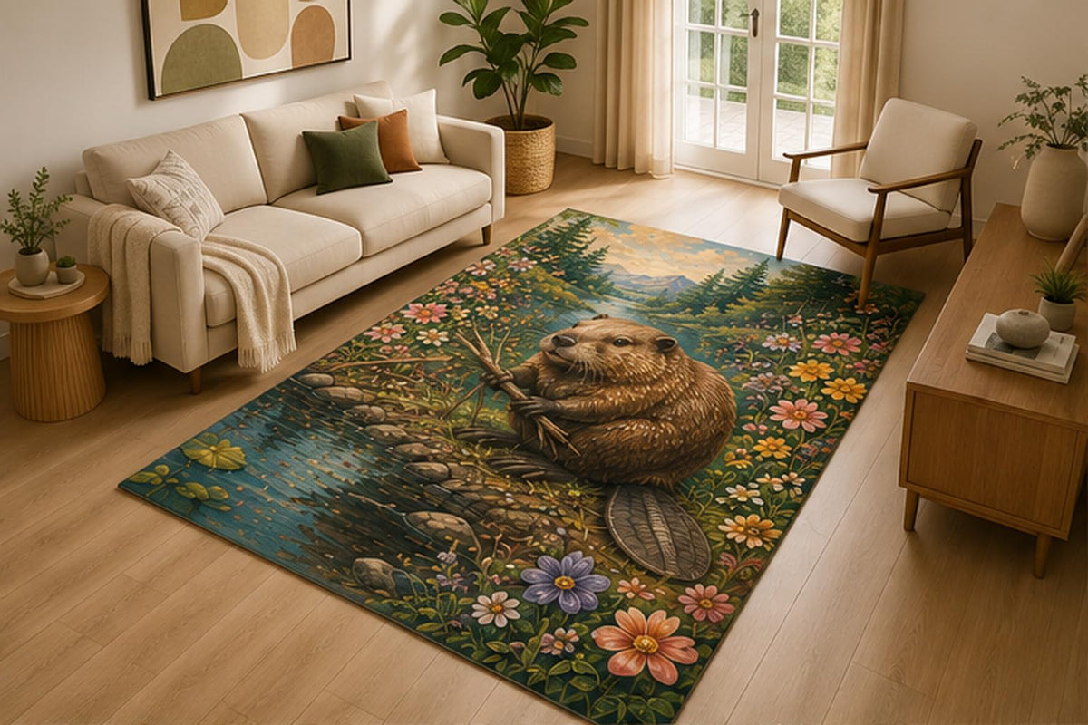 ICE ARMOR 5' x 7' Beaver River Wildflower Area Rug for Living Room, Soft Low Pile Indoor Rug with Non-Slip Silicone Backing, Woodland Nature Decor for Bedroom, Office, Family Room, Kids & Pets, Brown