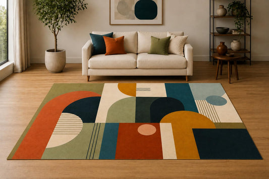 ICE ARMOR "Ultra Light Weight 5' x 7' Geometric Blocks Area Rug for Living Room, Bedroom and Home Office, Soft Low Pile Carpet with Non-Slip Silicone Backing, Terracotta and Teal