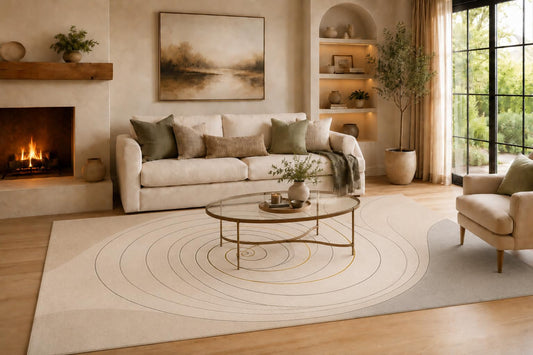 ICE ARMOR Large 6'7" x 9'10" Cream and Golden Color Spiral Motif Area Rug for Living Room, Soft Low Pile Carpet with Non-Slip Silicone Backing, Decor for Bedroom and Home Office